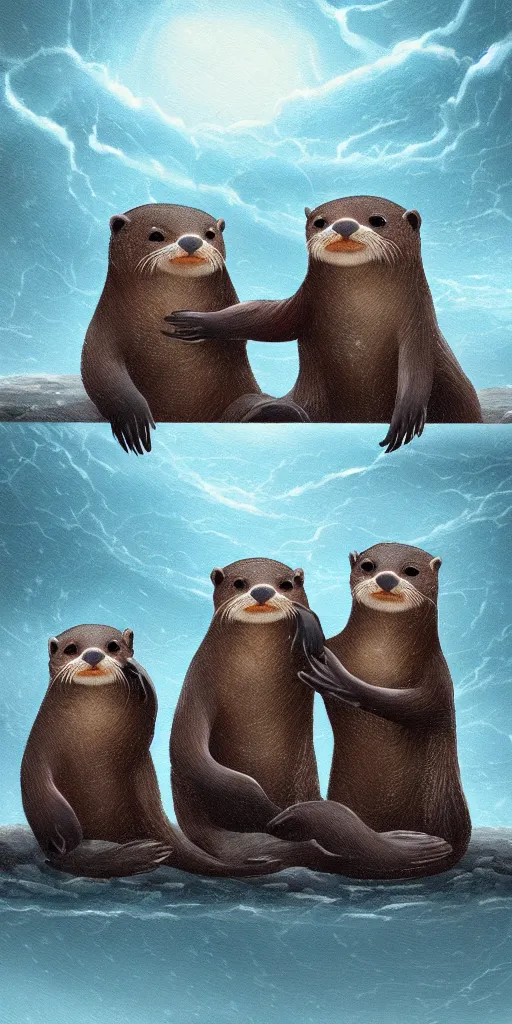 Image similar to family of adorable otters falling in love holding hands side by side, all alone in the middle of a scary storm at sea, fantasy illustration, cinematic, award winning, romantic, detailed trending on artstation, masterpiece