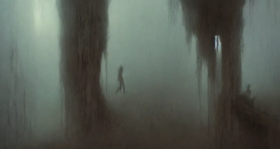 Prompt: she peers into the abyss and sees the abyss looking back at her, dramatic lighting, smooth, sharp details, intricate, sad and powerful painting by beksinski and ruan jia and greg rutkowski