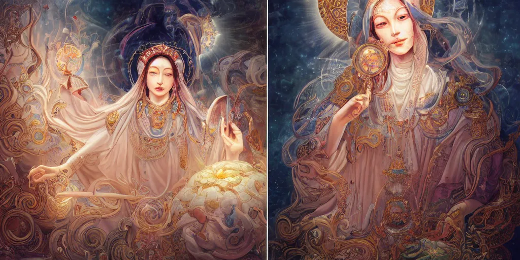 Image similar to breathtaking detailed concept art painting of the goddess of the universe, orthodox saint, with anxious, piercing eyes, ornate background, sun on left moon on right, by Hsiao-Ron Cheng, James jean, Miho Hirano, Hayao Miyazaki, extremely moody lighting, 8K