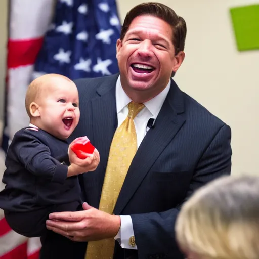 Image similar to ron desantis taking candy from babies and laughing maniacally about it, very realistic