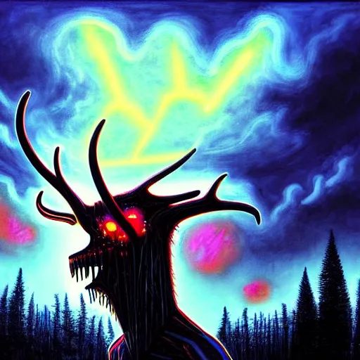Prompt: Tim Jacobus art, Wendigo in suburbs, outside, upward angle, neon colors, spooky lighting, clouds, painting, Goosebumps books, realistic, horror