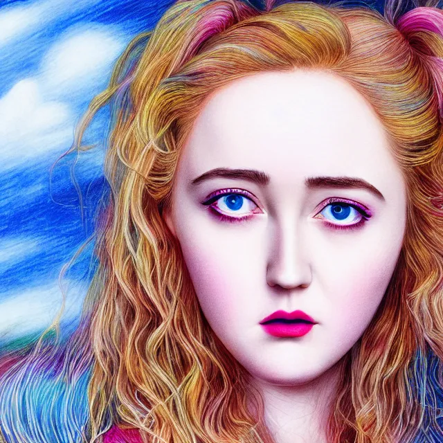 Prompt: ' bemused kathryn newton ', closeup shot of face, beautiful shadowing, three dimensional shadowing, reflective surfaces, illustrated completely, high definition beautifully detailed illustration on polished glass, extremely hyper - detailed technique, intricate, perfect coloring, low saturation, epic composition, masterpiece, bold complimentary colors. stunning masterfully illustrated.