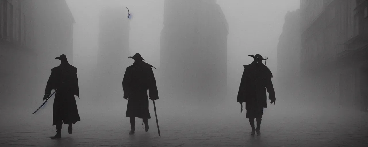 Prompt: Plague doctor walking through a city surrounded by fog.