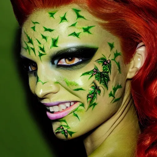 Image similar to A beautiful portrait of alicja tubilewicz smiling as Poison Ivy from Batman as a Versace fashion model Spring/Summer 2010, highly detailed, in the style of cinematic, Getty images, Milan fashion week backstage, Extreme close up, Makeup by Pat McGrath, Hair by Guido Palau, Greg rutkowski
