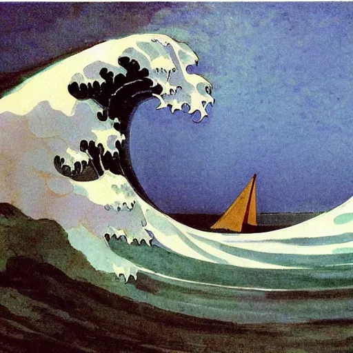 Prompt: huge wave tsunami small boat starry background mountain in the style of Winslow Homer