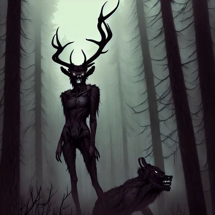 Image similar to style artgerm, joshua middleton, tim jacobus, scary wendigo with antlers and skull face mixed with werewolf, in the forest, detailed, dark and foggy, cinematic lighting