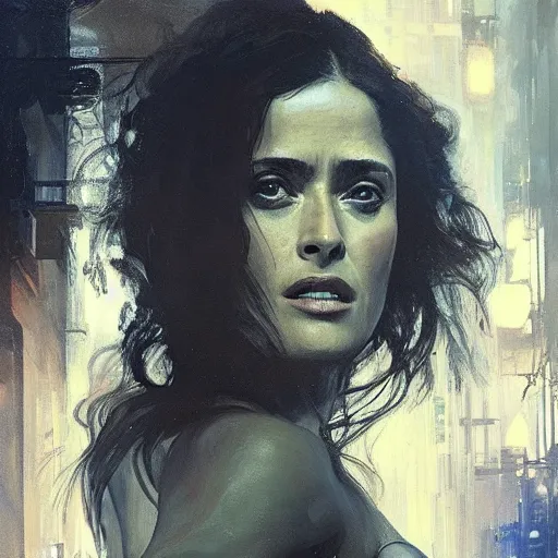 Image similar to salma hayek, hyperrealistic portrait, bladerunner street, art of elysium by jeremy mann and alphonse mucha, fantasy art, photo realistic, dynamic lighting, artstation, poster, volumetric lighting, very detailed face, 4 k, award winning