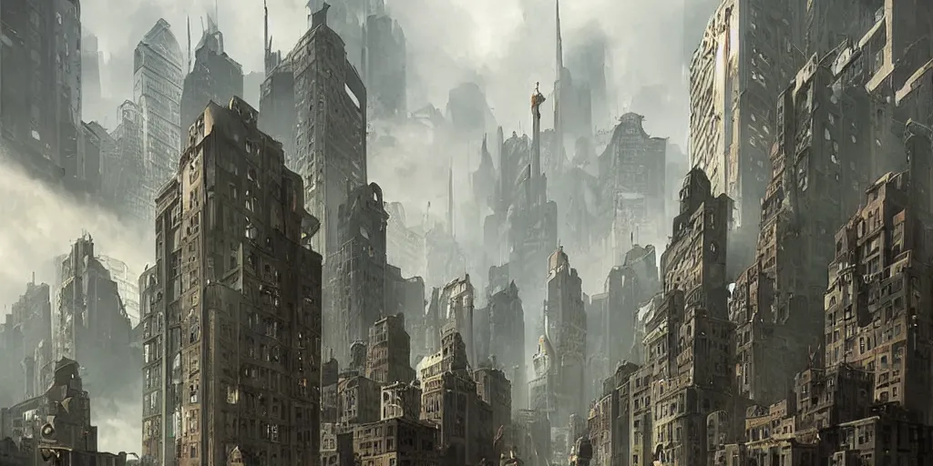 Prompt: New york occupied by the wehrmacht, svastika flag hanging from the buildings, dark sci-fi, matte painting, style of peter mohrbacher