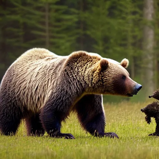 Prompt: grizzly bear and giant tardigrade meet in the forest, nature professional photography, national geographic