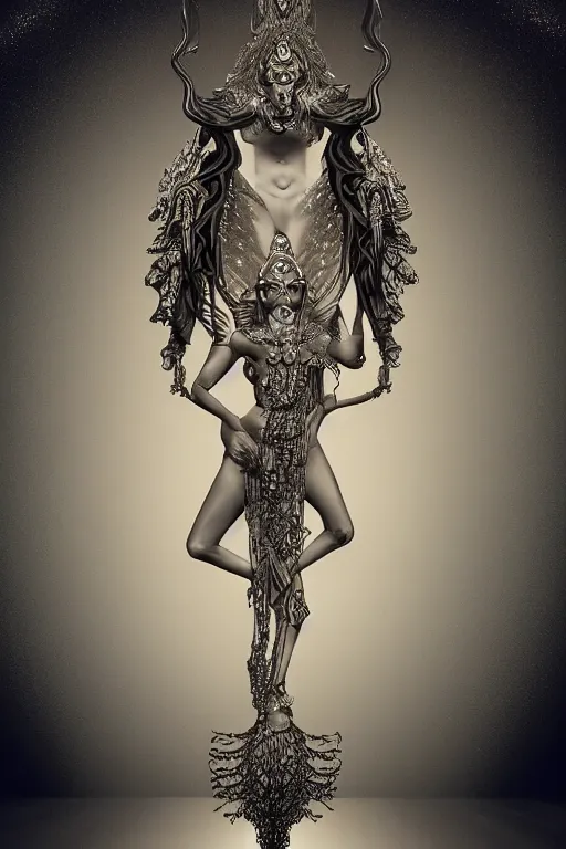 Image similar to a realistic dark photo of a beautiful ancient alien woman goddess kate moss nataraja with six hands standing in iris van herpen dress jewelery and fractals in style of alphonse mucha art nuvo dmt trending on artstation made in unreal engine 4