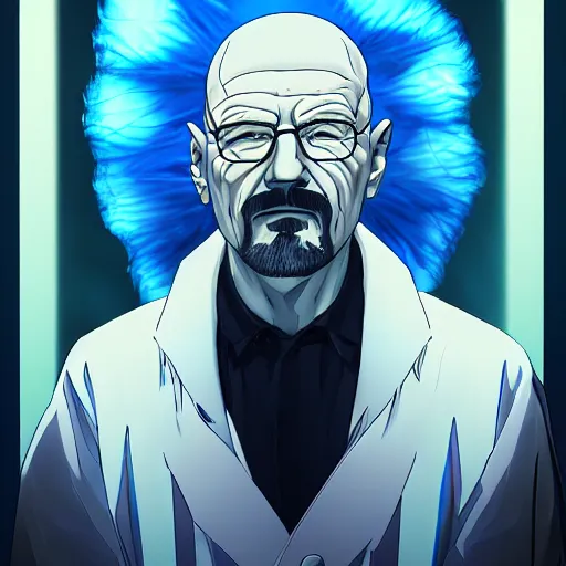 Prompt: portrait of walter white the blue flaming incarnation of chemistry, anime fantasy illustration by tomoyuki yamasaki, kyoto studio, madhouse, ufotable, trending on artstation