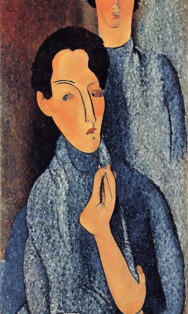 Image similar to amedeo modigliani. close up portrait of a woman with brown hair and a blue rollneck sweather holding an iphone in her hand. very soft brush.