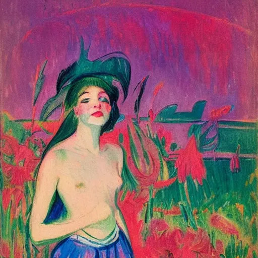 Image similar to A colorful and poetic painting of a girl looking at a landscape of flowers and water, by Ernst Ludwig Kirchner and Gaston Bussière featured on ArtStation, trending on ArtStation, cgsociety, trending on 500px, deviantart