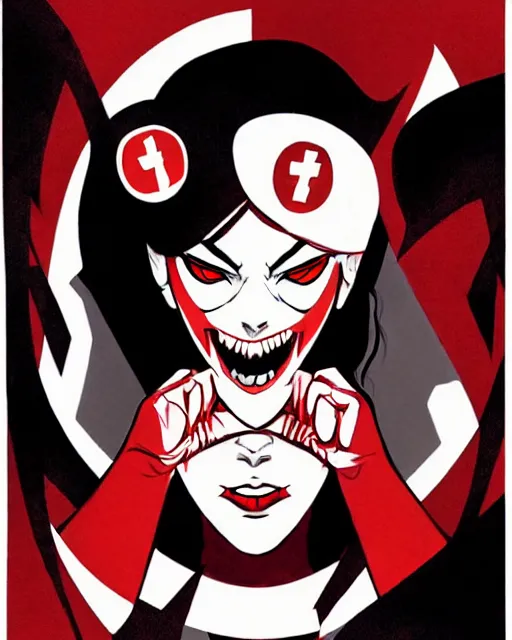 Image similar to beautiful female vampire nurse cap, symmetrical face, evil grin, cinematic, dramatic, super detailed and intricate, by koson ohara, by darwyn cooke, by satoshi kon