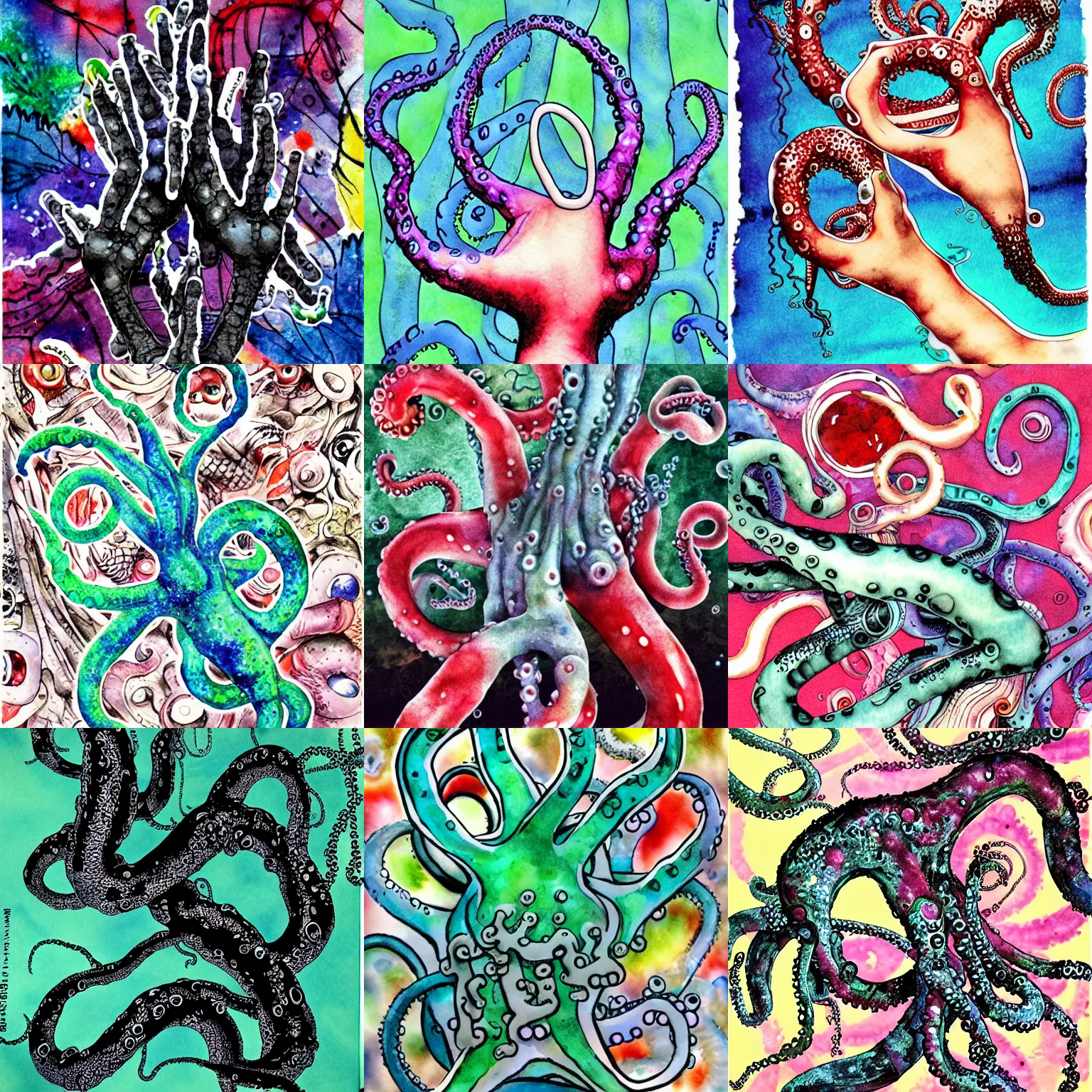 Prompt: hands with tentacle fingers artwork by yoshitaka amano, watercolors background, collage