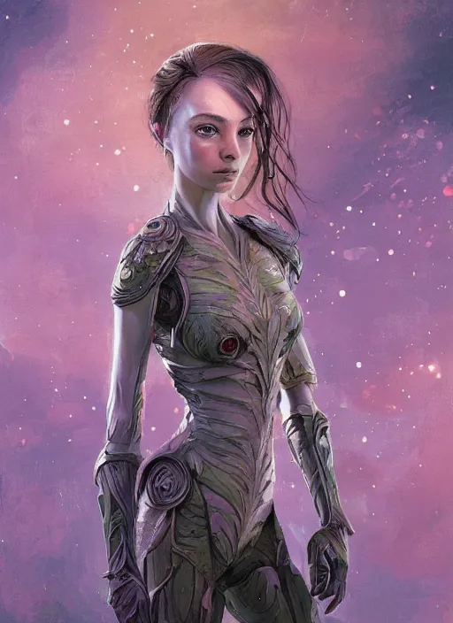 Image similar to a professional painting of a beautiful young female alien, clothed in ethereal armor, olive skin, long dark hair, beautiful bone structure, symmetrical facial features, intricate, elegant, digital painting, concept art, smooth, sharp focus, illustration, from Valerian and the City of a Thousand Planets, by Ruan Jia and Mandy Jurgens and Artgerm and William-Adolphe Bouguerea