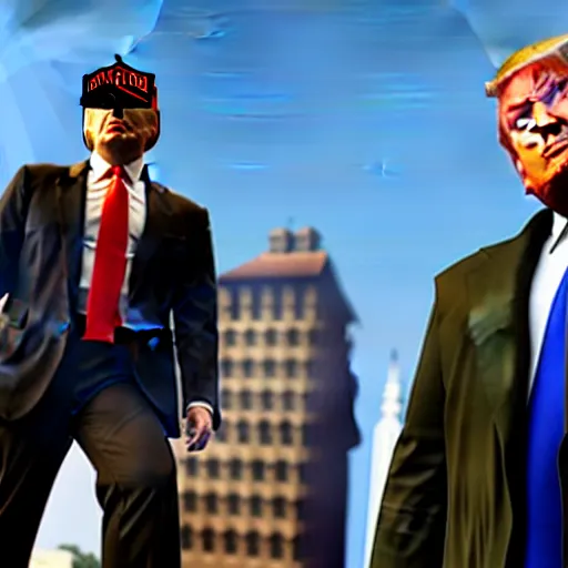Image similar to donald trump busted in gta v gameplay, isometric view, ps 5 screenshot, third person perspective, 3 d render, cryengine, highly detailed