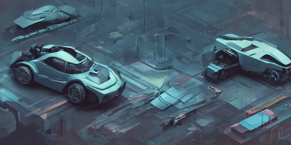 Image similar to Hard Surface Shape Form Exploration, Detailed, 8k, sci-fi, pastel colors, props, panel, concept, simon stalenhag ,syd mead, vehicle, speeder, parts,modular, insane detail, ash thorp, kyza, car, msucle cars , cyberpunk, collection