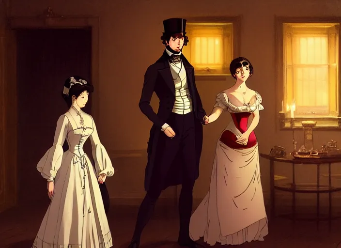 Image similar to victorian britain 1 8 3 6, wealthy couple william and fanny nightingale entertain numerous guests in english victorian manor, adolecent florence nightingale reciting poetry, lamp light, finely detailed perfect art, gapmoe yandere grimdark, trending on pixiv fanbox, painted by greg rutkowski makoto shinkai takashi takeuchi studio ghibli