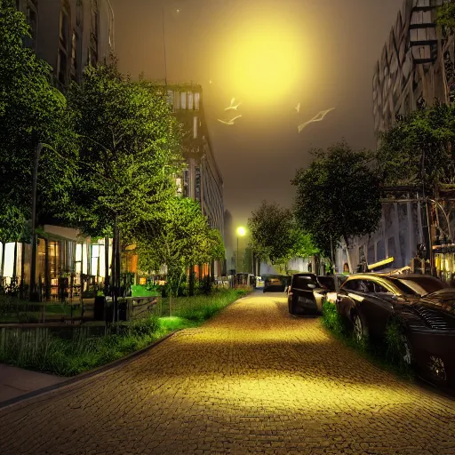 Image similar to city overgrown, night time, photo realistic, glow