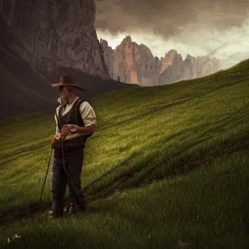 Prompt: alpine farmer transforming into roots and hay, dolomites in background, dark, eerie, despair, portrait photography, artstation, digital art, concept art, artstation, highly detailed, sharp focus, by caravaggio