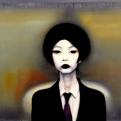 Image similar to yoshitaka amano blurred and dreamy minimalistic oil portrait of a young woman with black lipstick and black eyes wearing dress suit with tie, junji ito abstract patterns in the background, satoshi kon anime, noisy film grain effect, highly detailed, renaissance oil painting, wide brush strokes, weird portrait angle, blurred lost edges