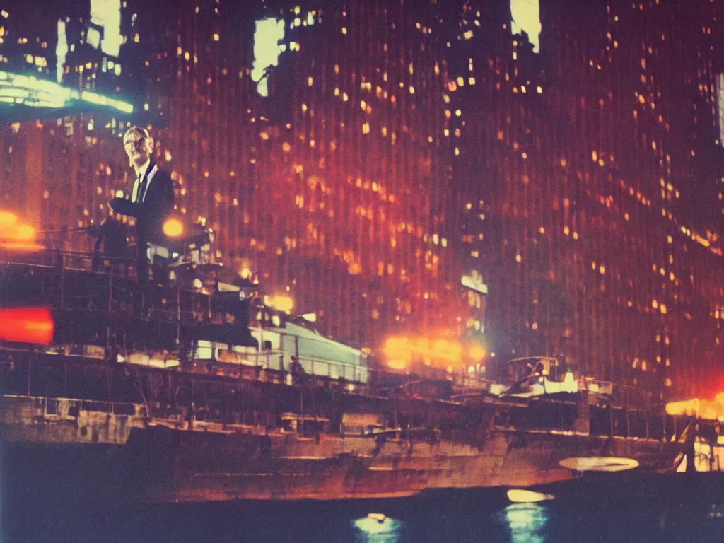 Prompt: 8 0 s polaroid photo, cinema still, tall man in suit leaning over railings of a ship that's passing by new york panorama at night, colorful haze, americana, high production value, 8 k resolution, hyperrealistic, photorealistic, high definition, high details, tehnicolor, award - winning photography, masterpiece, amazing colors