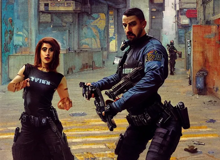 Image similar to Sophia evades sgt Griggs. Parkour Cyberpunk feminist escaping Menacing Cyberpunk police trooper griggs. (dystopian, police state, Cyberpunk 2077, bladerunner 2049). Iranian orientalist portrait by john william waterhouse and Edwin Longsden Long and Theodore Ralli and Nasreddine Dinet, oil on canvas. Cinematic, vivid colors, hyper realism, realistic proportions, dramatic lighting, high detail 4k