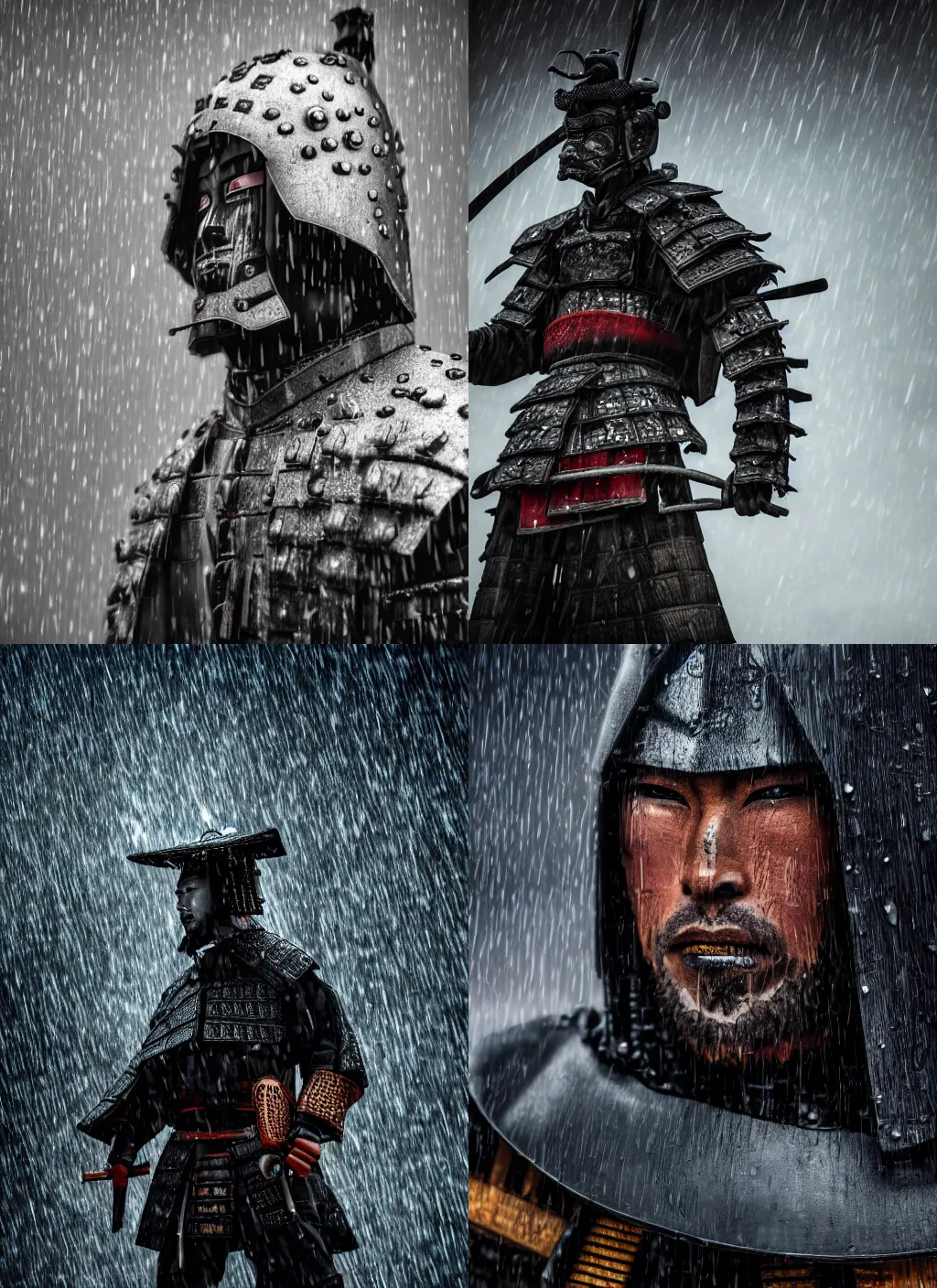 Prompt: close - up frontal shot of a samurai made of architectural elements, rainy background, futuristic and dark atmosphere, technology and post human mood, hyper detailed, ultra realistic universe, 8 k, post production, photo real ultra high detail, cinematic lighting, apocalyptic world