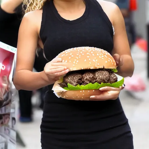 Prompt: Shakira selling street hamburgers