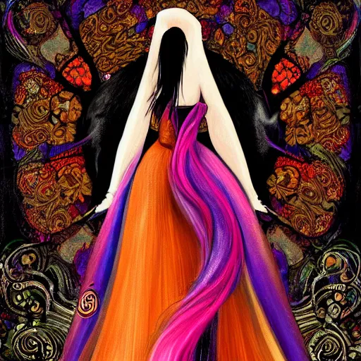 Image similar to A beautiful and mysterious woman in an intricate and colorful gown, with a black cat at her feet, digital painting, no blur, close up, details, sharp focus, elegant, highly detailed, trending on artstation, pixiv, and deviantart