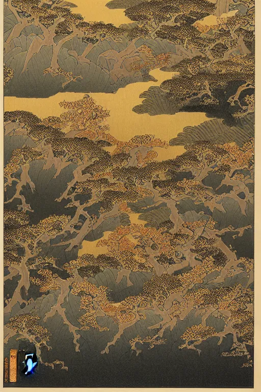 Image similar to japanese woodblock print, of a landscape by kano sanraku, james jean, takato yamamoto, mc escher in the style of nihonga, gold leaf painting, fractal art, intricate detail