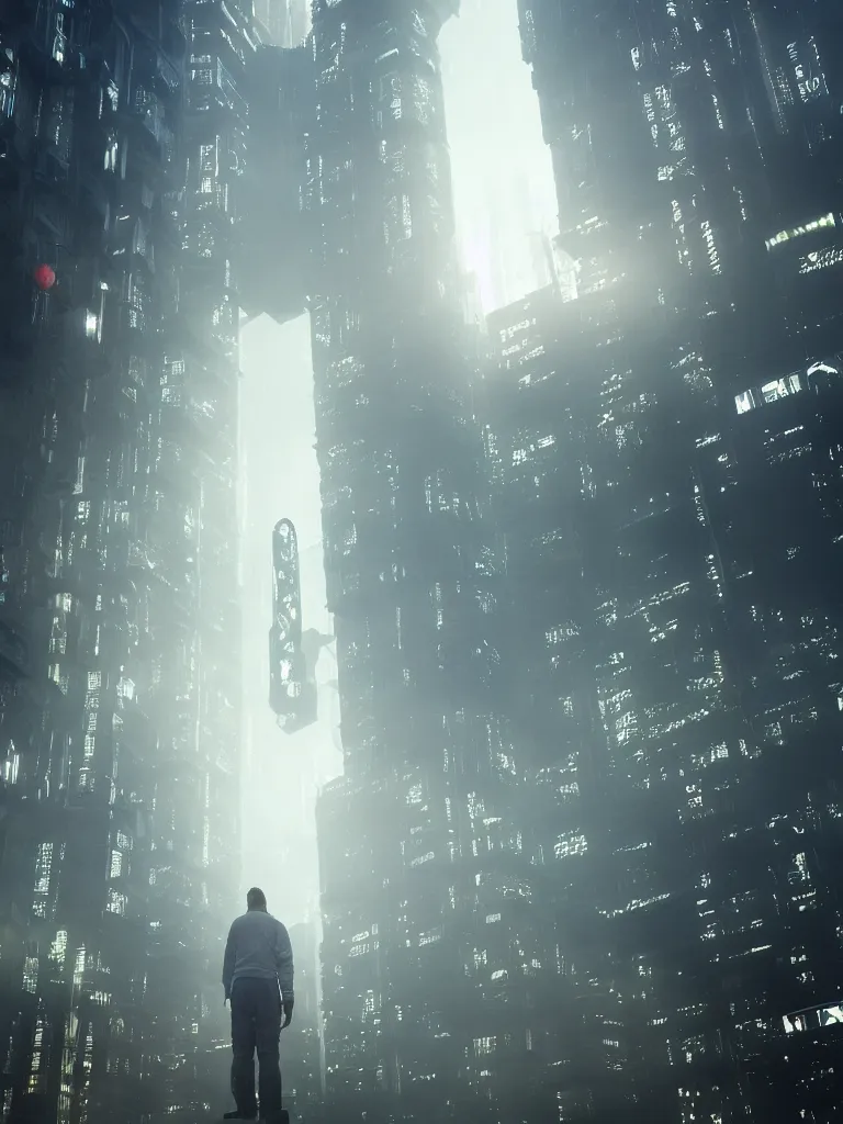 Image similar to farmer at his futuristic vertical farm growing food in a cyberpunk high rise in blade runner, 3 point perspective, atmospheric, morning light, foggy, ultra - hd, ultra - realistic