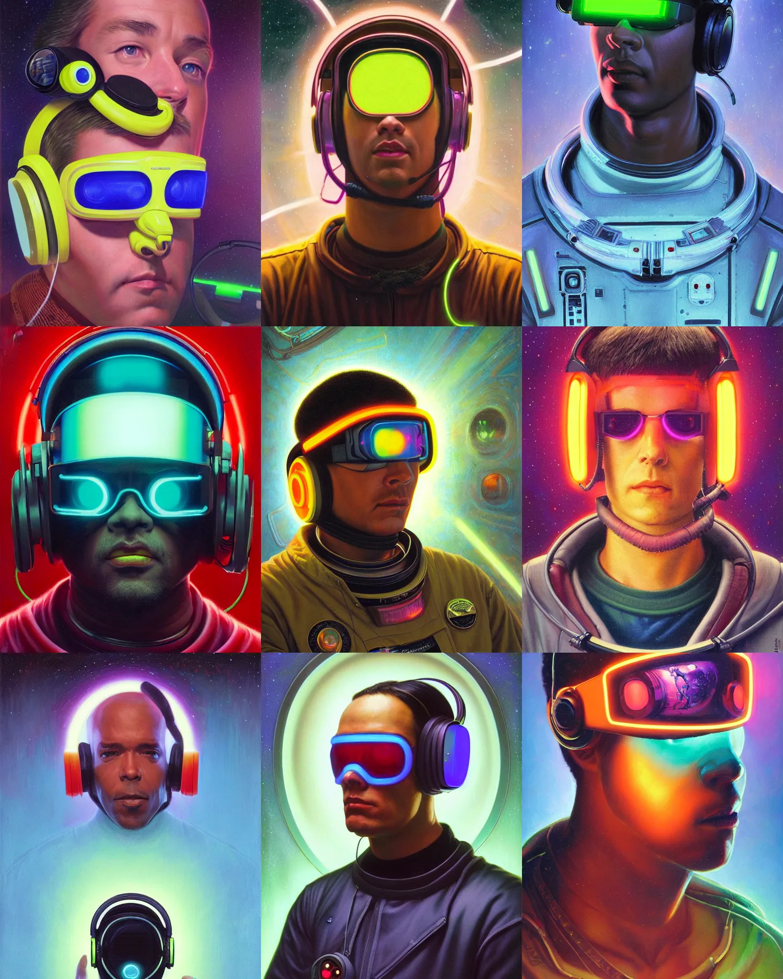 Prompt: neon cyberpunk programmer with glowing geordi cyclops visor over eyes and sleek headphones head turned desaturated portrait painting by donato giancola, dean cornwall, rhads, tom whalen, alex grey astronaut fashion photography