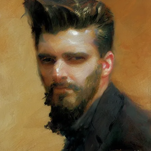 Prompt: a man with a pompadour haircut, painting by Gaston Bussiere, Craig Mullins