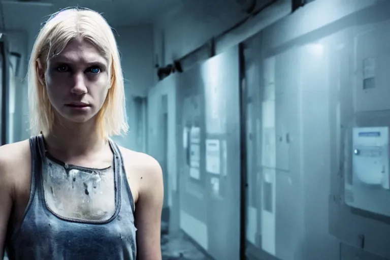 Prompt: still from a dystopian sci - fi movie, a young blond woman wearing a dirty tank top, exploring a dark dystopian lab, muted colors, very dark, medical equipment, 8 k, cinematic, dramatic lighting, very detailed face, hyperrealistic, movie still frame, promotional image, imax 7 0 mm footage