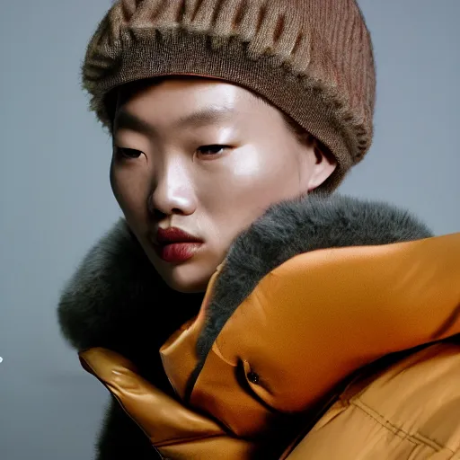 Prompt: realistic photoshooting for a new balenciaga lookbook, color film photography, portrait of a blonde asian woman, model wearing a puffer jacket, photo in style of tyler mitchell, 3 5 mm,