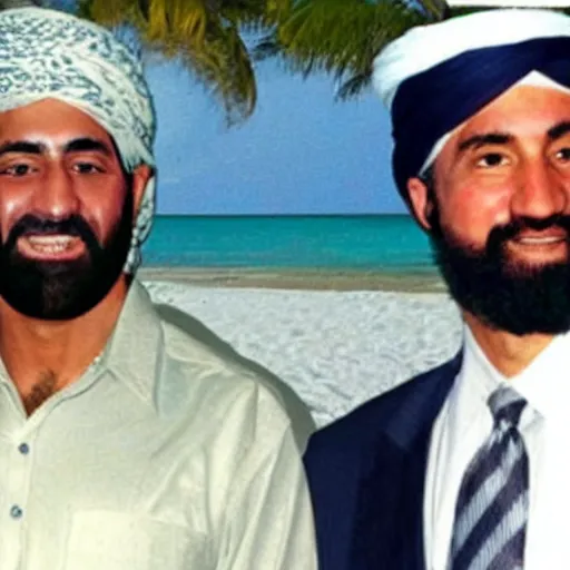 Image similar to ultra realistic candid photograph from osama bin laden with joe biden in bahamas, details intricate