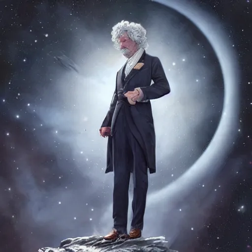 Prompt: mark twain stands at the edge of the universe, artgerm