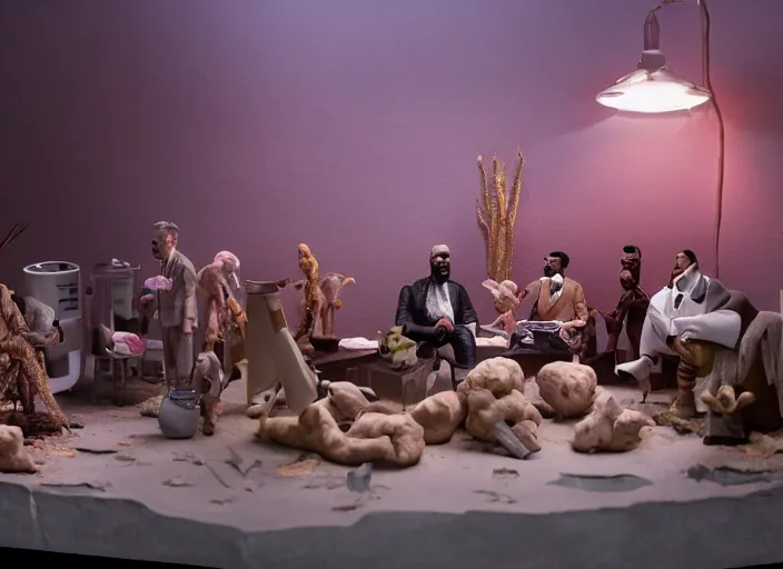 Image similar to detailed studio photography of a claymation diorama of kanye west hosting a party for chicken, zeiss lens, detailed, by erwin olaf, joop geesink, wes anderson, jim henson, brian froud, breathtaking, 8 k resolution, beautiful lighting, studio light, extremely detailed, establishing shot, realistic materials, hyperrealistic