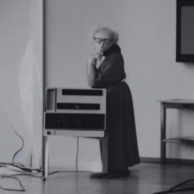 Prompt: an old woman in the center of a clean room, static, centered focus, bleak lighting, obscure, low quality TV video effect, photography, vhs footage