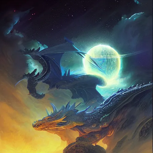 Image similar to blue scaled dragon devouring a planet, space, sun system, nebula, oil painting, by Fernanda Suarez and Edgar Maxence and Greg Rutkowski