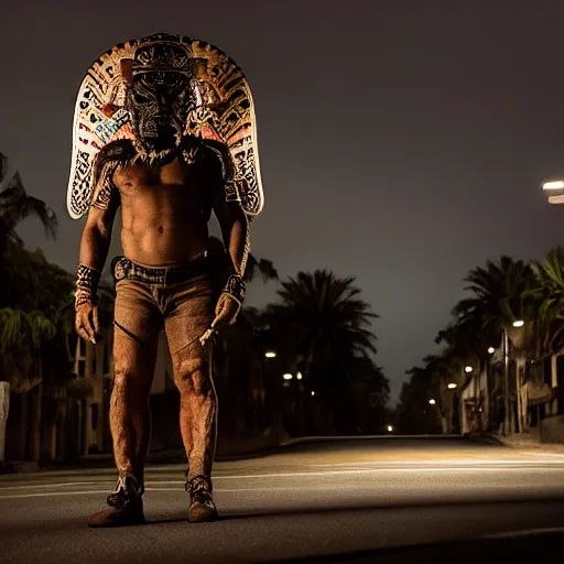 Prompt: empty street, mayan jaguar warrior, portrait, at night, by addy campbell, cinematography by quetzalcoatl