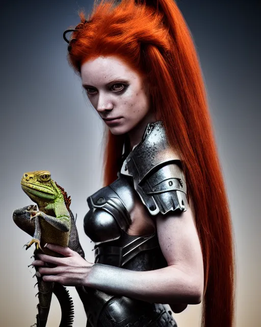 Prompt: 5 5 mm portrait photo of an armored redhead woman with goat horns and a an iguana sitting on her shoulder by luis royo. highly detailed 8 k. intricate. lifelike. soft light. nikon d 8 5 0. cinematic post - processing