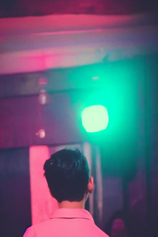 Prompt: kodak ultramax 4 0 0 photograph of a guy in disco club, back view, pink shirt, disco ball, grain, faded effect, vintage aesthetic, vaporwave colors,