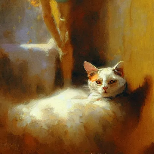 Image similar to a cat painting by Gaston Bussiere, Craig Mullins