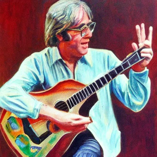 Image similar to John Sebastian playing music on stage in 1967, oil painting