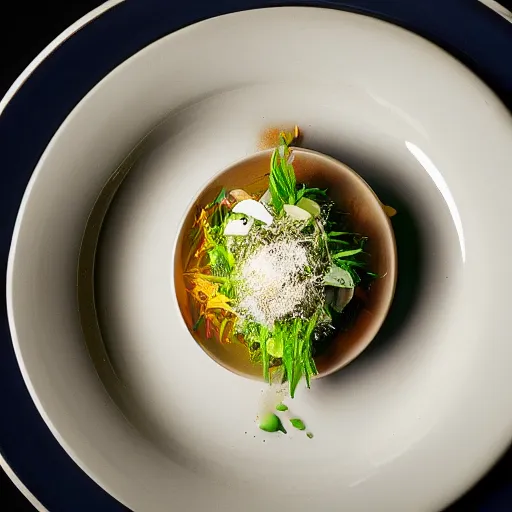 Image similar to brilliant food dish from Alinea 2023 - photograph of plate from above 1920x1080