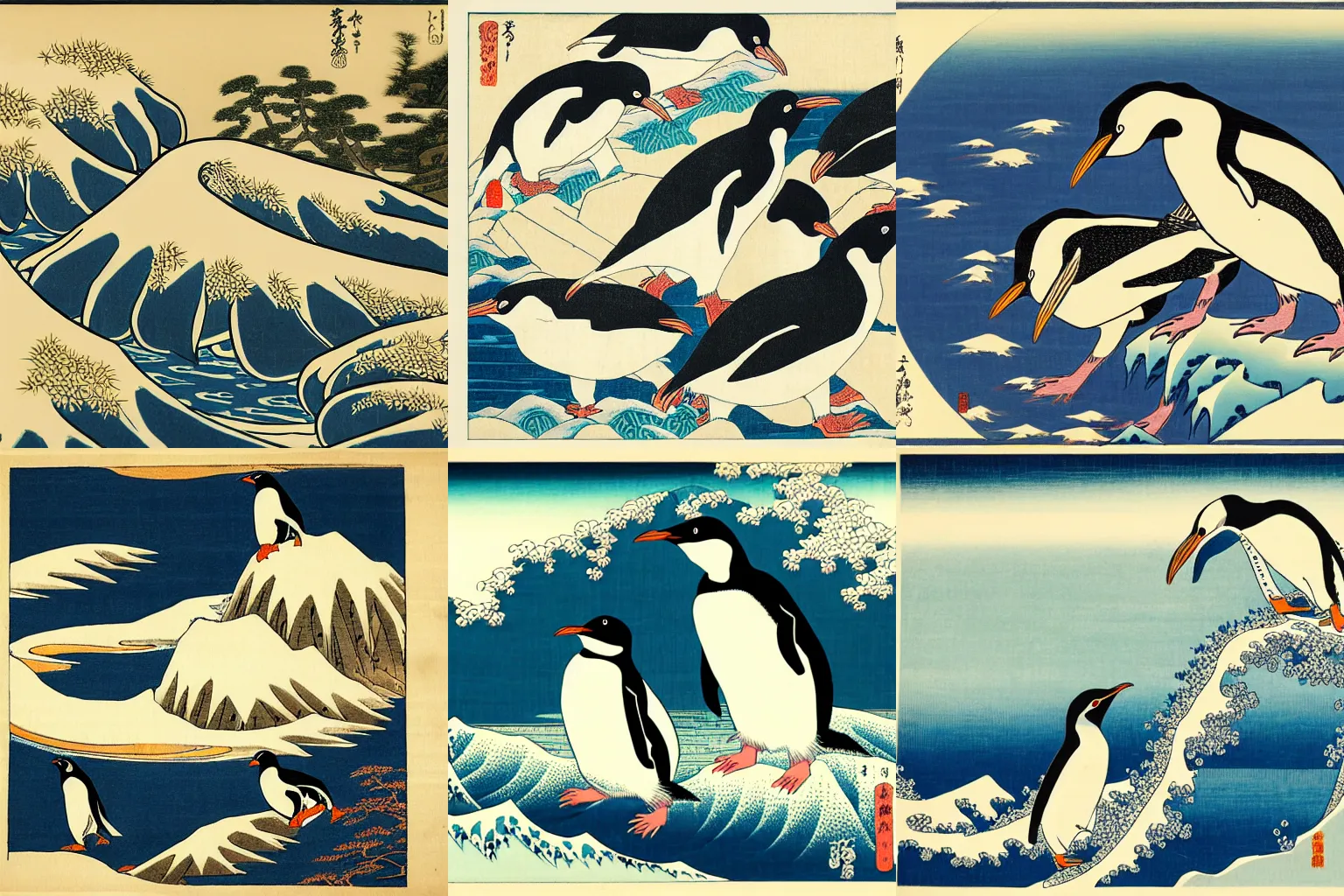 Prompt: Penguins in the style of Hokusai, Japanese woodcut, HD artwork, Wikimedia, google arts and cultures,