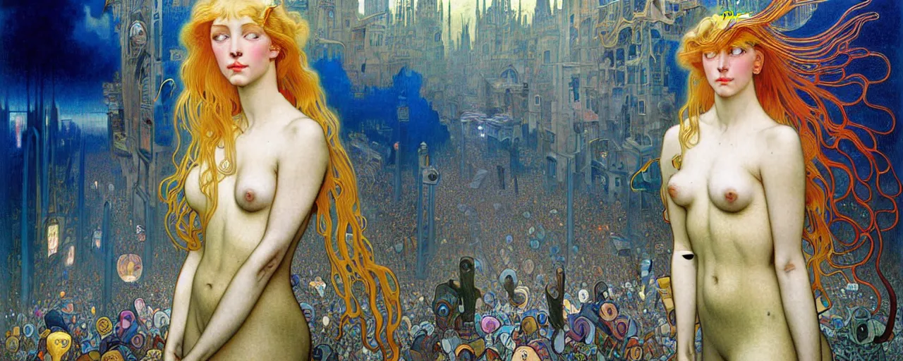 Prompt: realistic extremely detailed full length portrait painting of a girl with blond hair in a crowded modern alien city street by Jean Delville, Amano, Yves Tanguy, Alphonse Mucha, Ernst Haeckel, Edward Robert Hughes, Roger Dean, rich moody colours, blue eyes